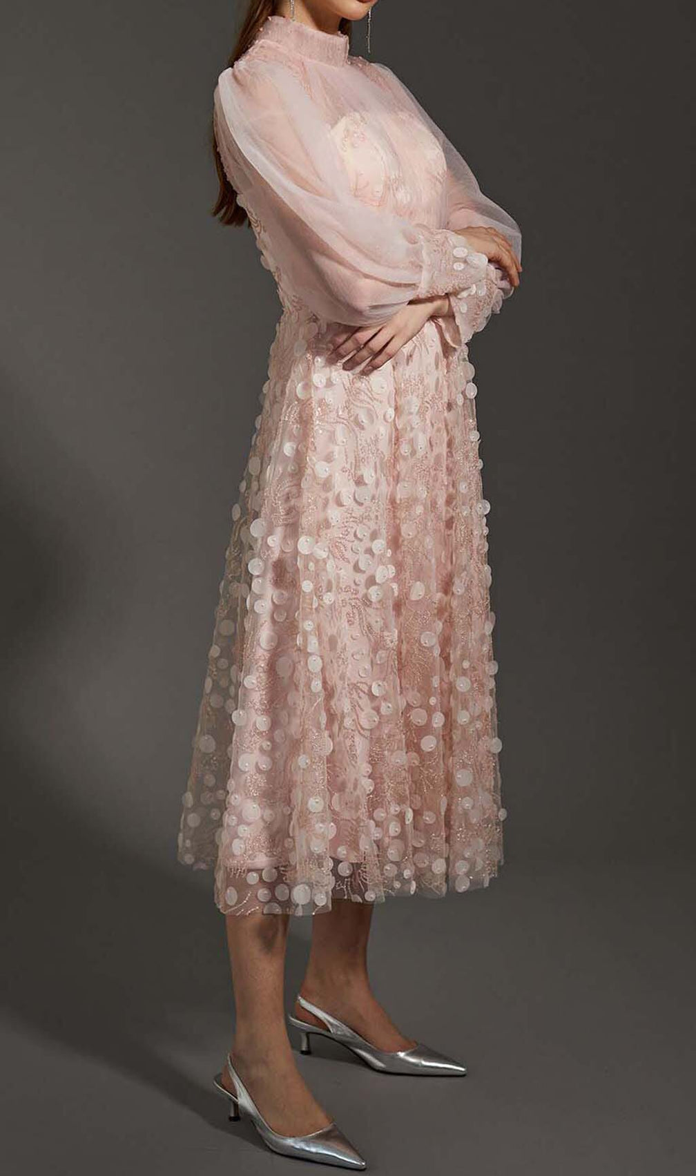 Sequin Mesh Tulle Midi Dress In Pink