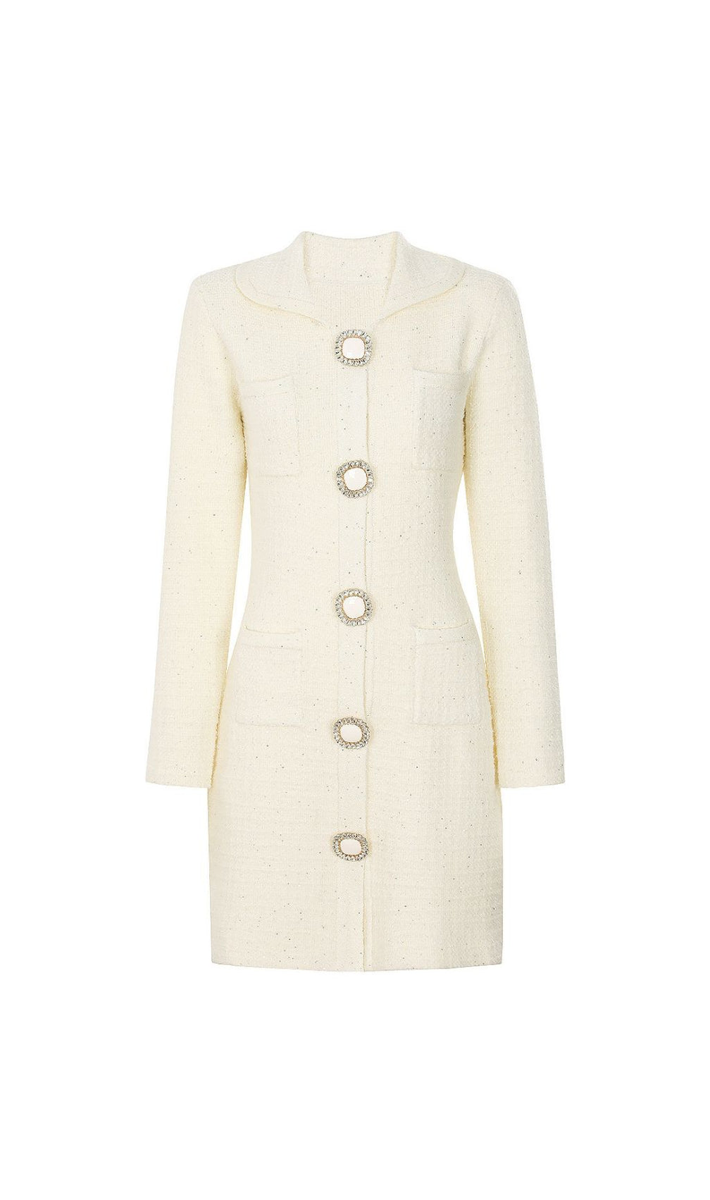 Joanna Luxe Tweed-Inspired Knit Mini Dress | Embellished Button & Pockets