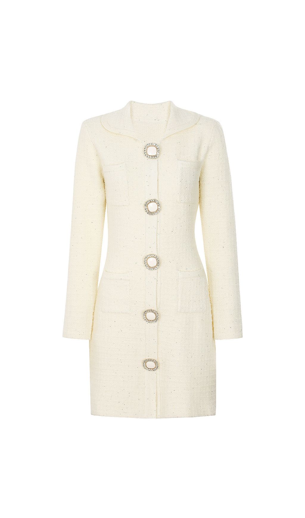 Joanna Luxe Tweed-Inspired Knit Mini Dress | Embellished Button & Pockets