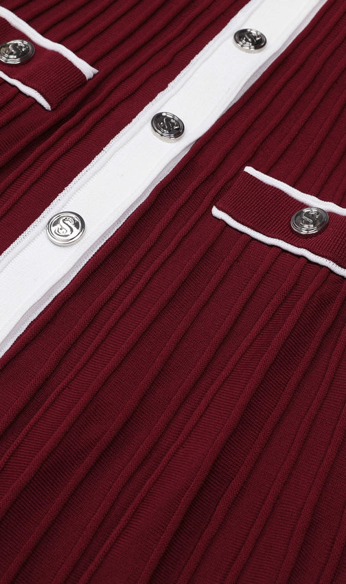 Judy Chic Button-Front Contrast Trim Knit Midi Dress