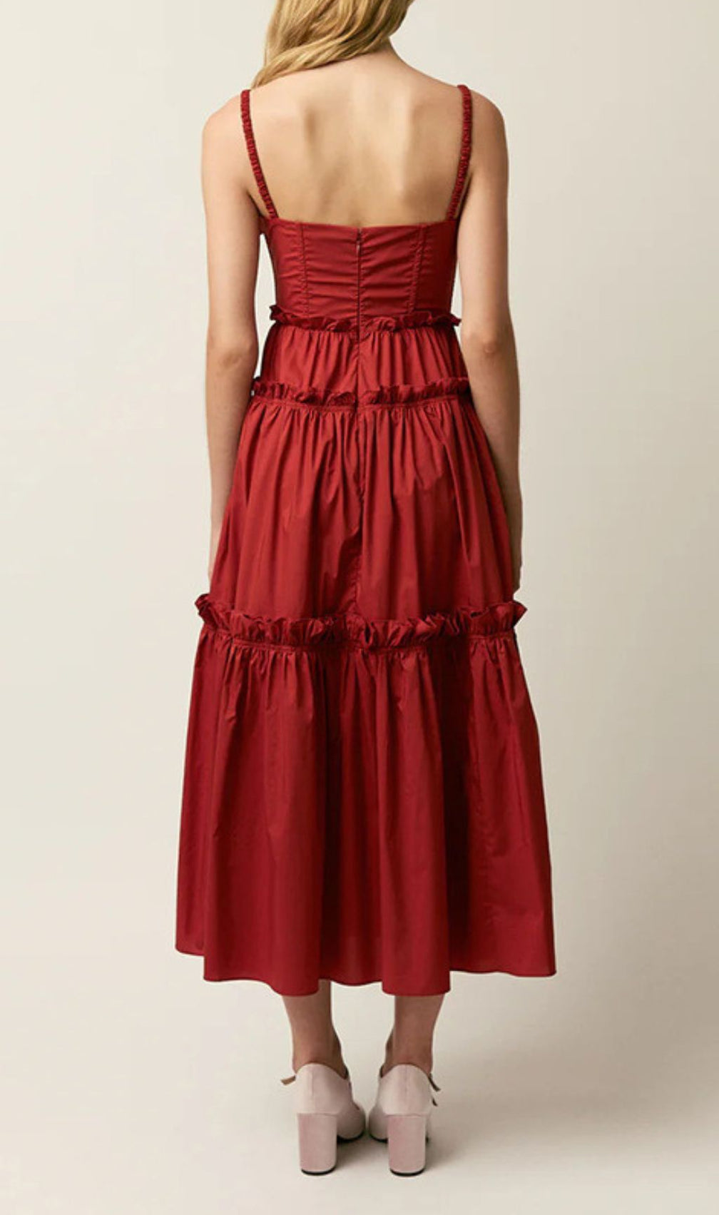 Higgins Vibrant Red Tiered Midi Dress with 3D Floral Bust Appliqués