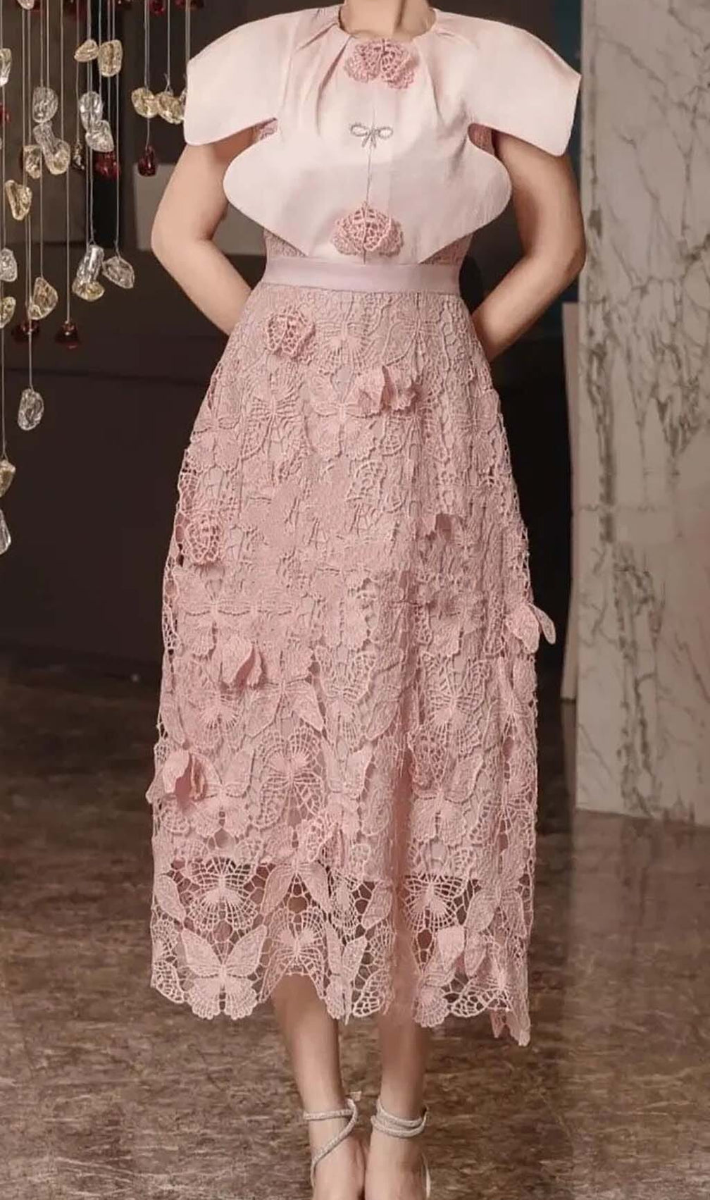 Butterfly Embroidery Cloak Sleeve Midi Dress In Pink