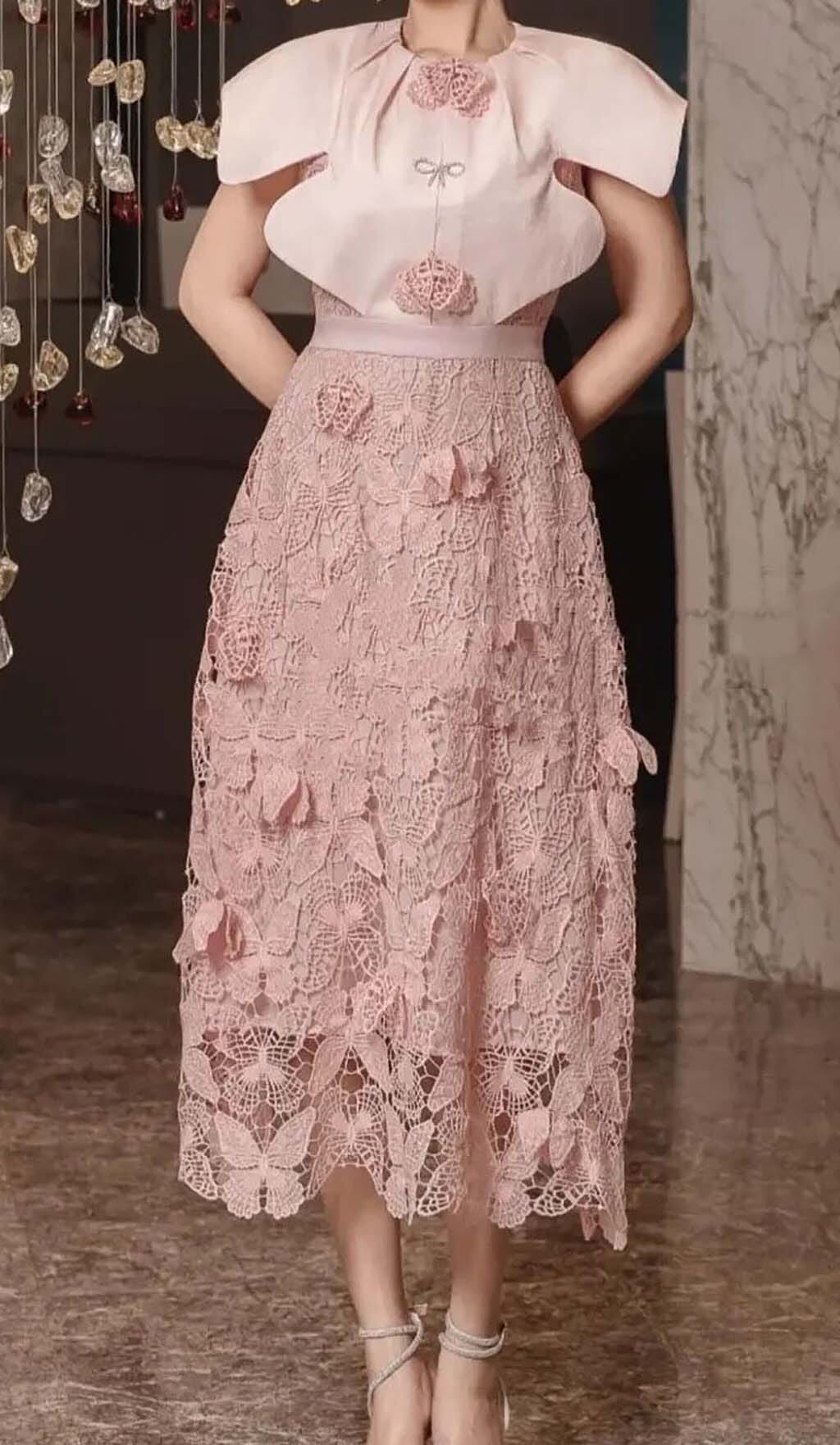 Butterfly Embroidery Cloak Sleeve Midi Dress In Pink