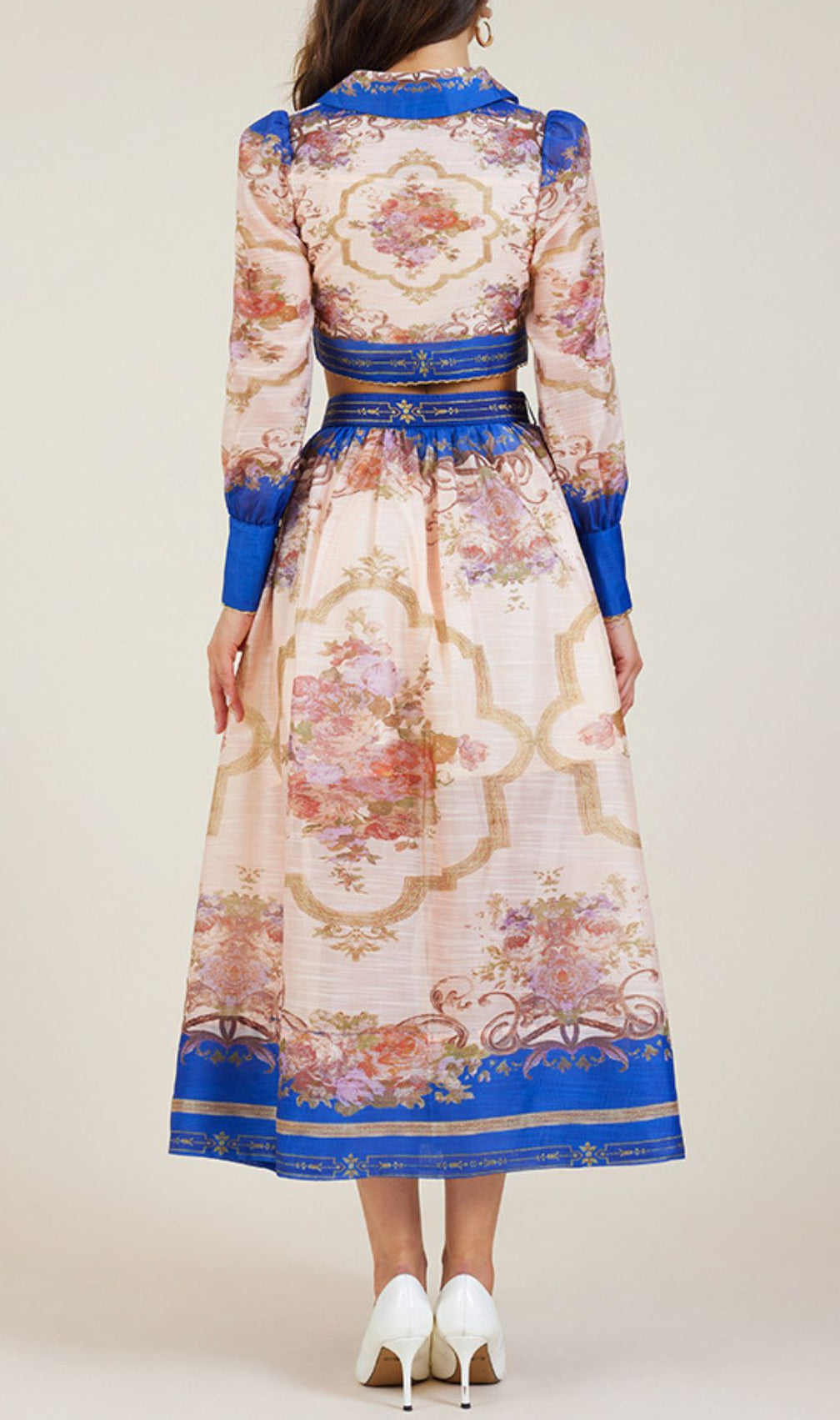 Gretchen Blue Flower Printed Long Sleeve Blouse & Skirt Set