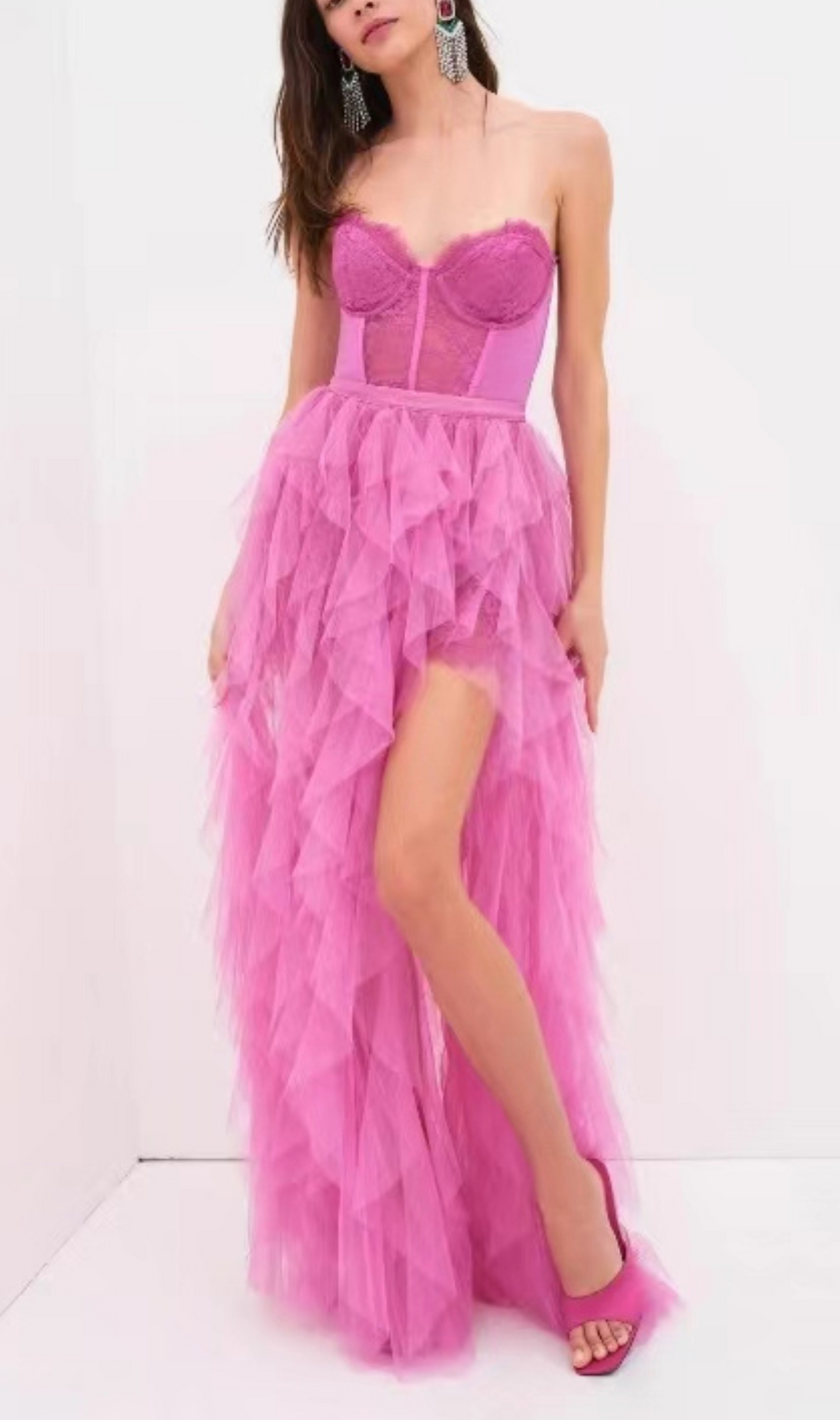 Aino Pink Lace Patchwork Mesh Dress