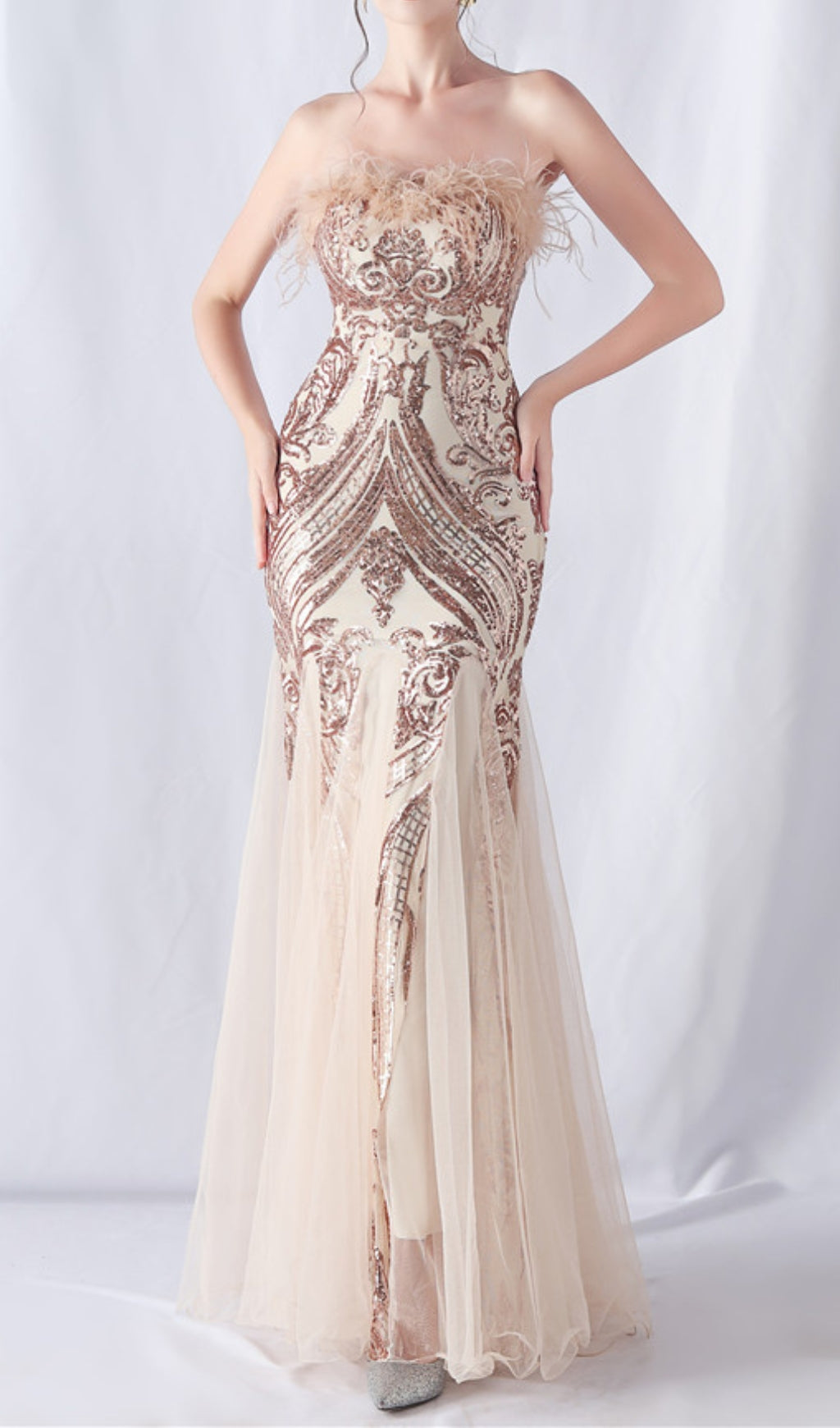 Choire Champagne Sequin Feather Maxi Dress