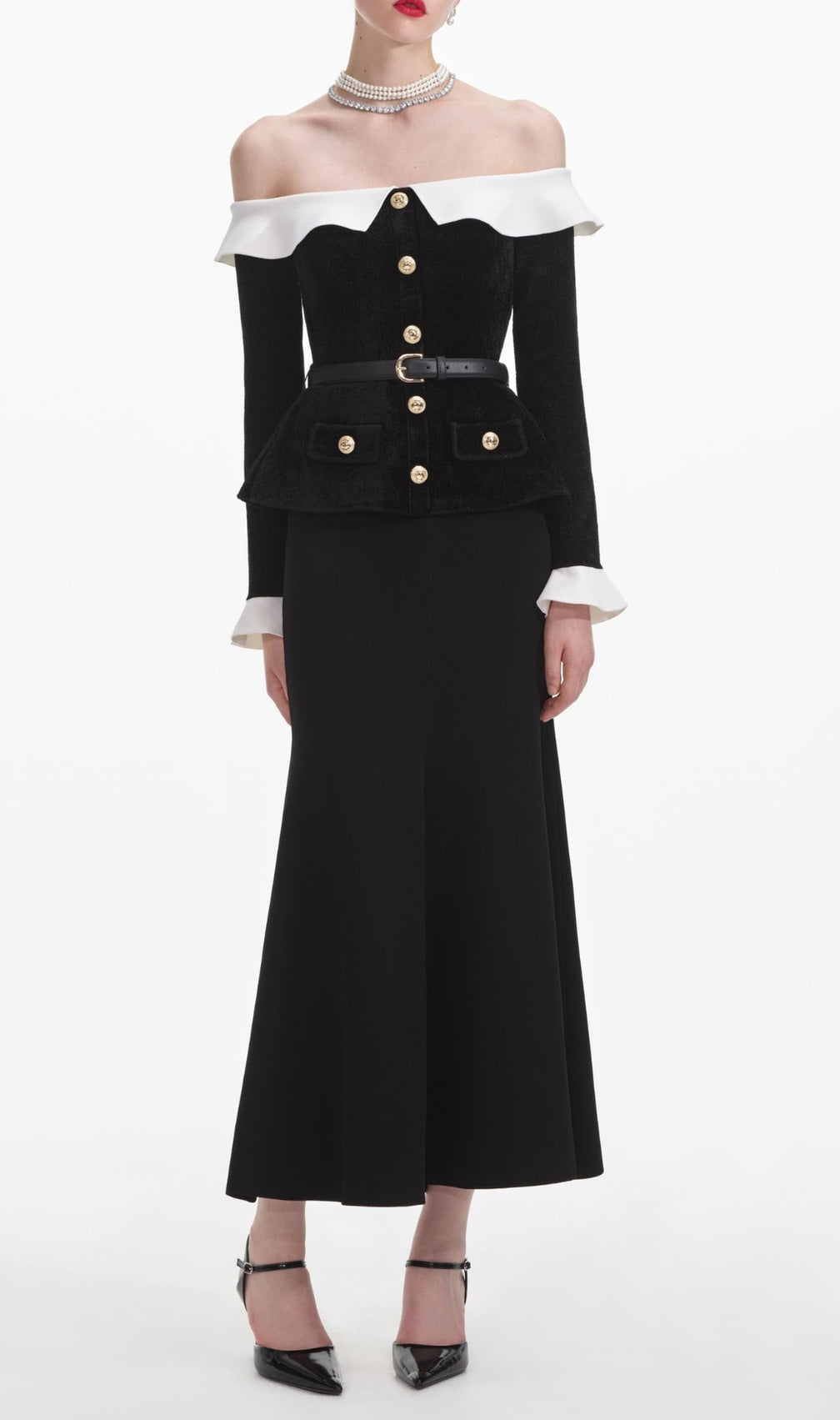 Black Chenille Knit Off Shoulder Midi Dress
