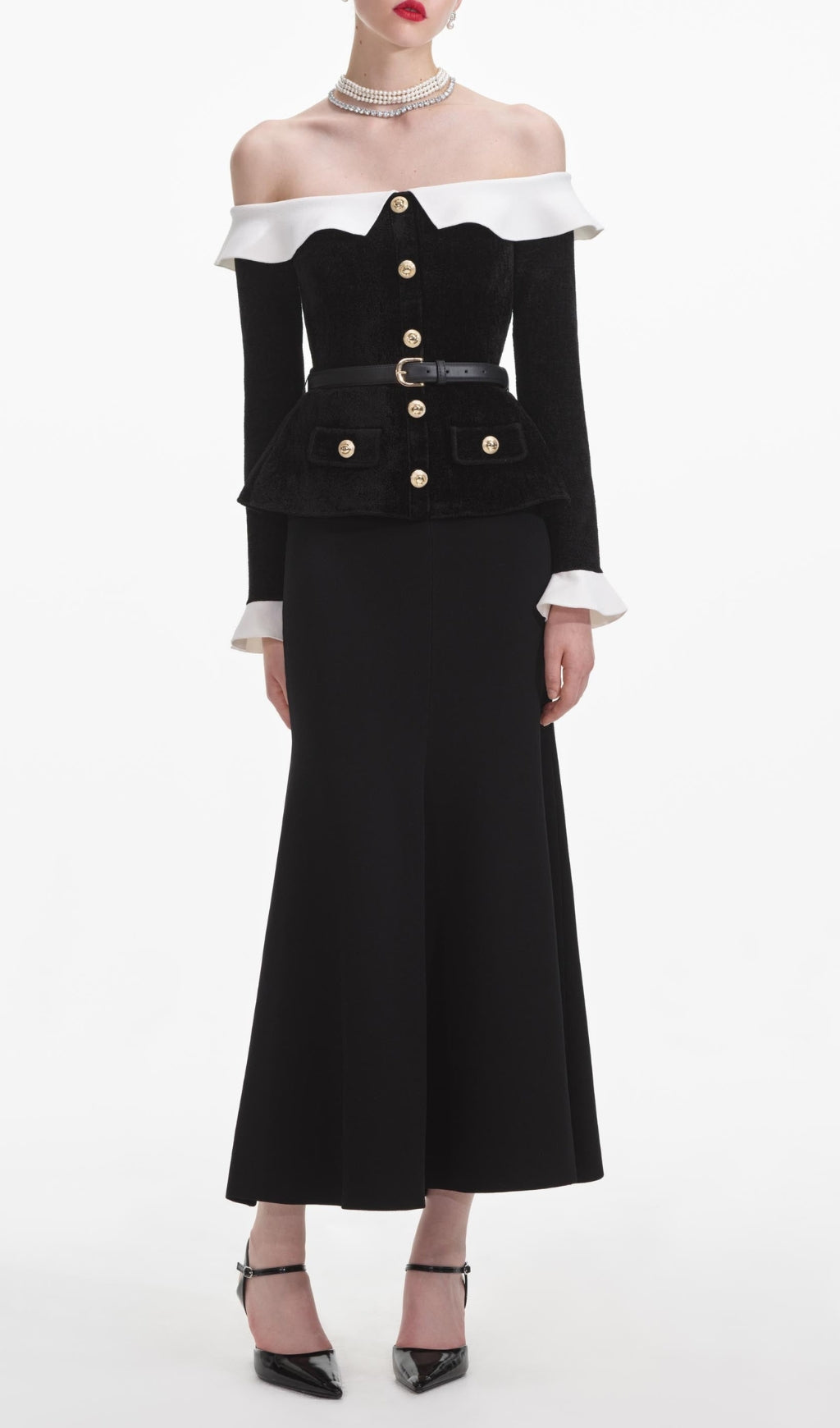 Black Chenille Knit Off Shoulder Midi Dress