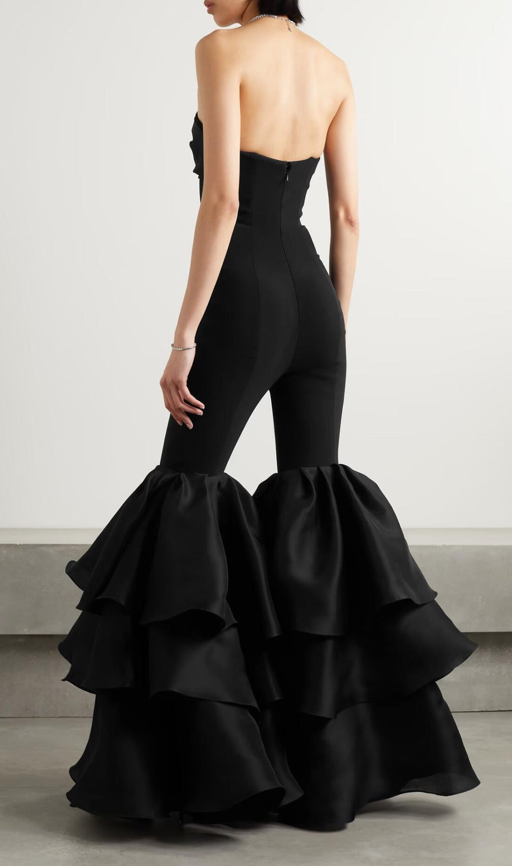 Black Strapless Jumpsuit With Tiered Ruffle Hem