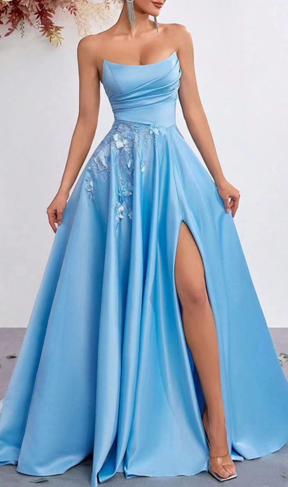 Kaiyo Azure Blue Strapless Sweetheart Maxi Gown with 3D Floral Appliqués & Thigh Slit