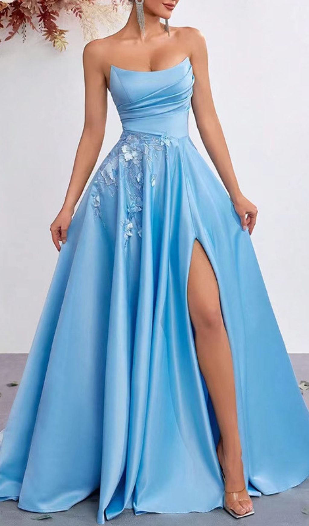Kaiyo Azure Blue Strapless Sweetheart Maxi Gown with 3D Floral Appliqués & Thigh Slit