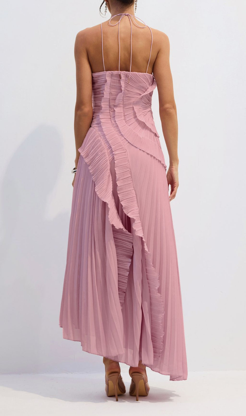 Finneas Pink Halter Pleated Maxi Dress