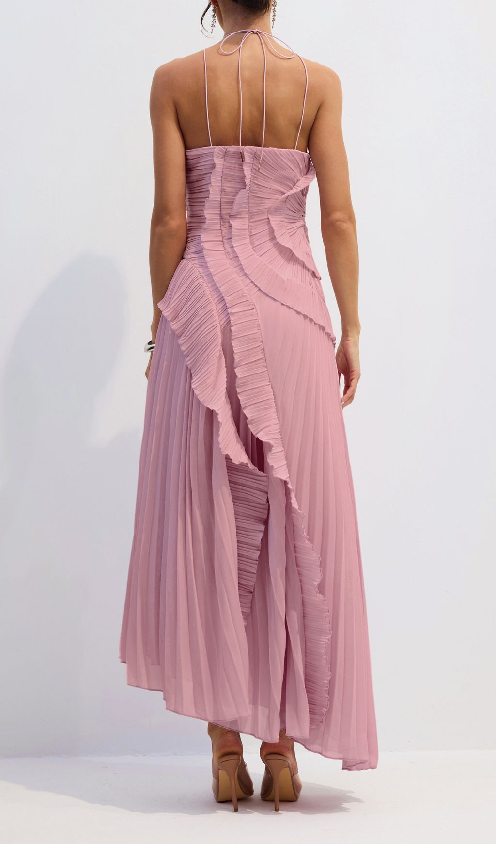 Finneas Pink Halter Pleated Maxi Dress
