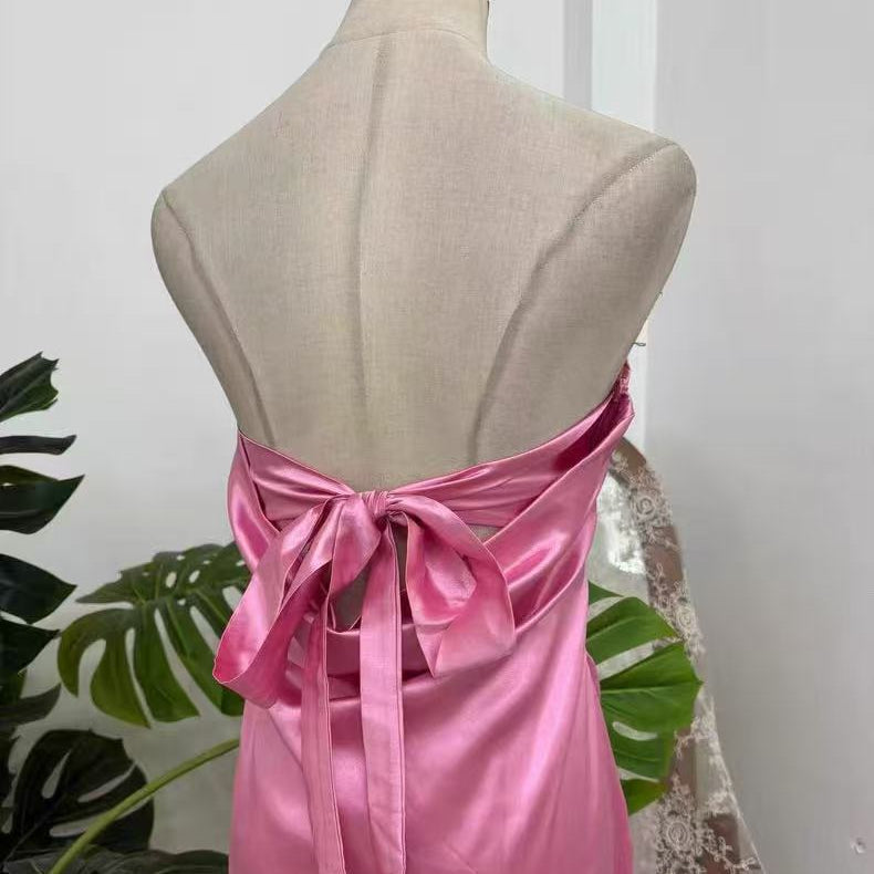 Pink Satin Halter Ruched Midi Dress with Back Bow