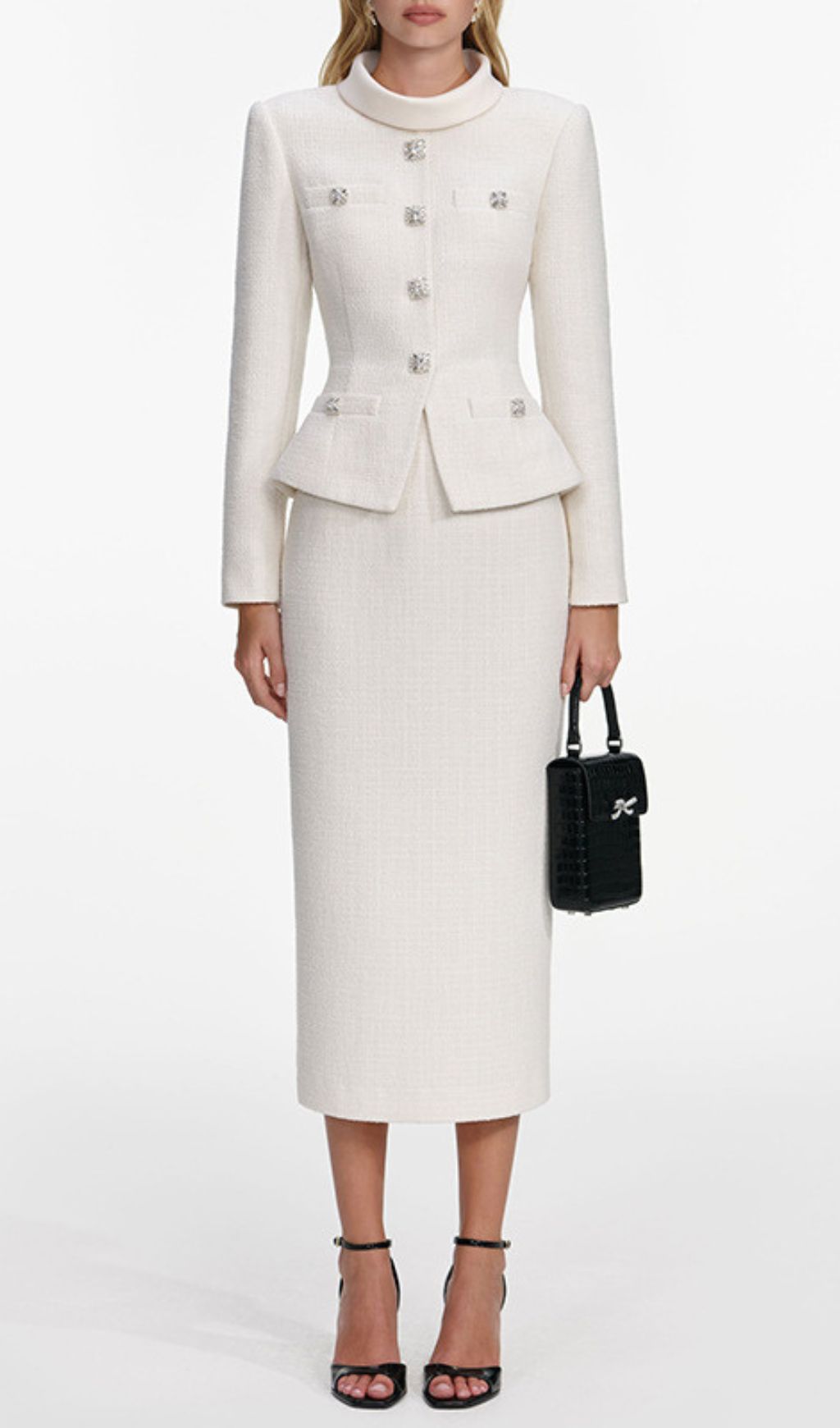 Jurnee Timeless White Tweed Skirt Suit Set | Peplum Jacket & Pencil Skirt