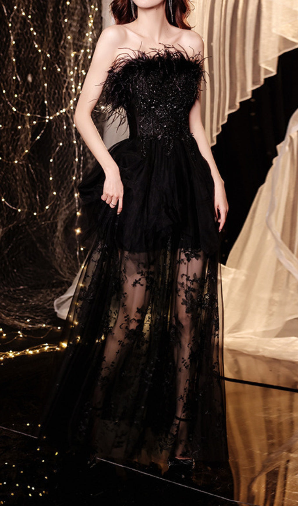 Chiyemi Black Feather Sequin Mesh Maxi Dress