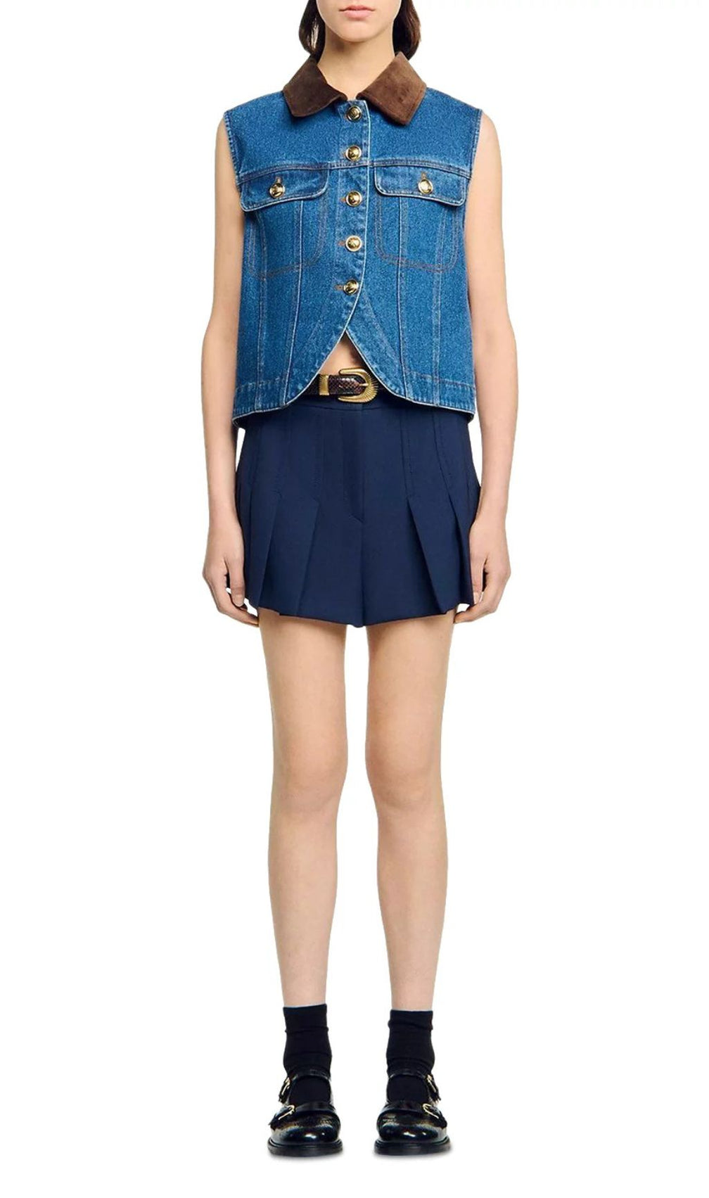 Chic Velvet Collar Denim Vest | Sleeveless Cropped Style for Women