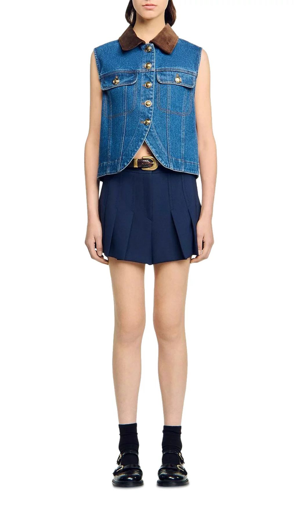 Chic Velvet Collar Denim Vest | Sleeveless Cropped Style for Women