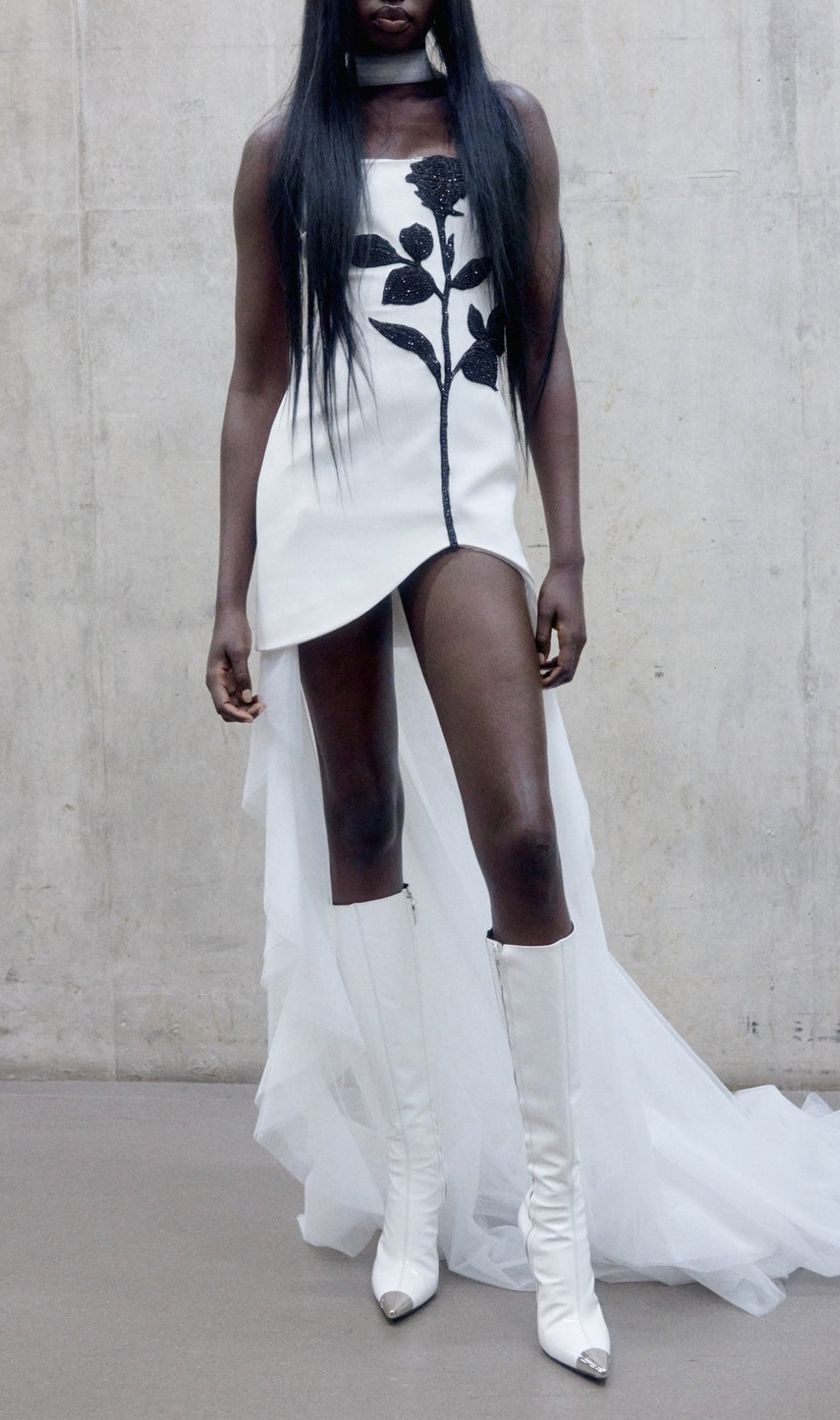 Becky White Strapless Rose Diamond Mesh Dress