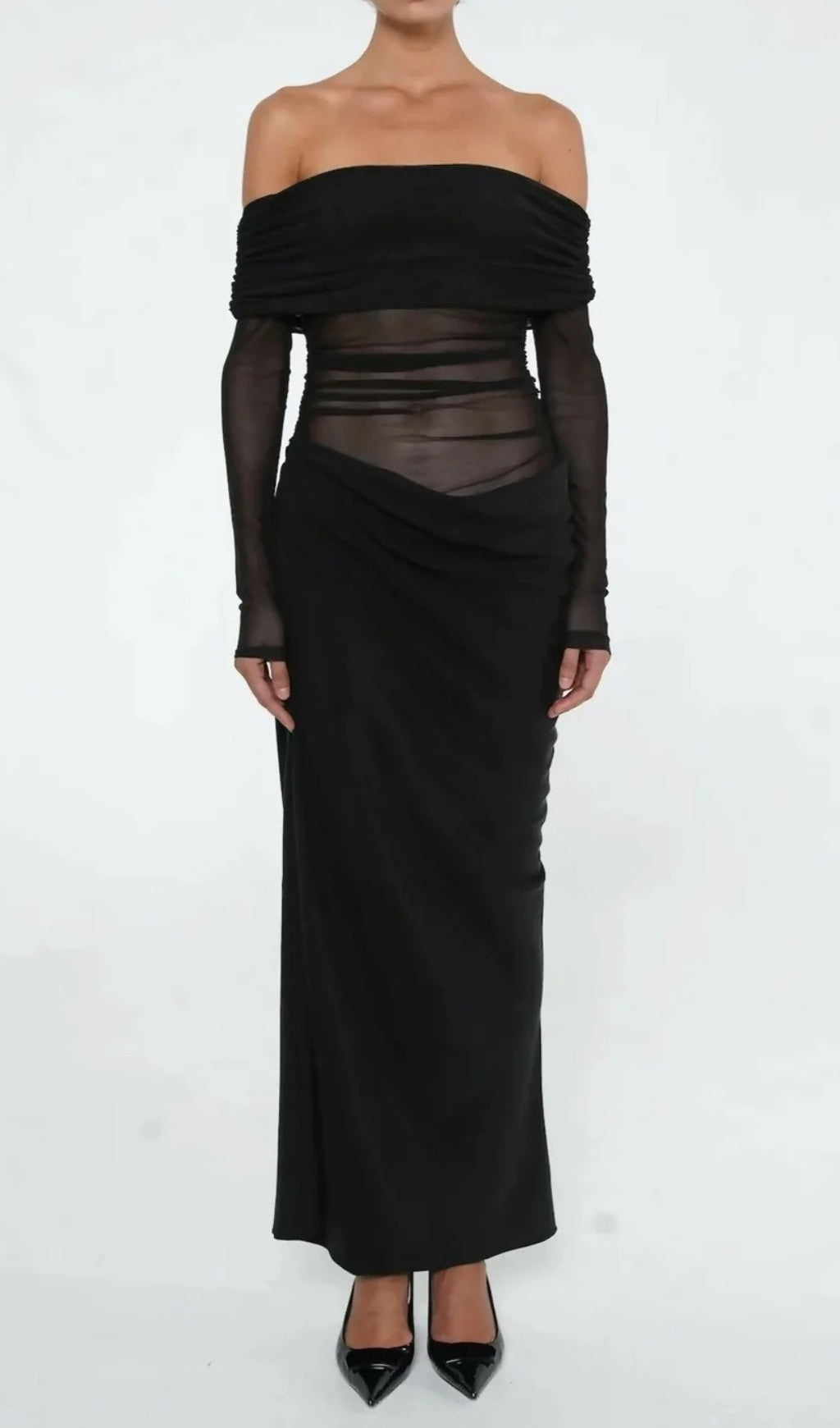 Dawood Black Off-Shoulder Long Sleeve Mesh Maxi Dress