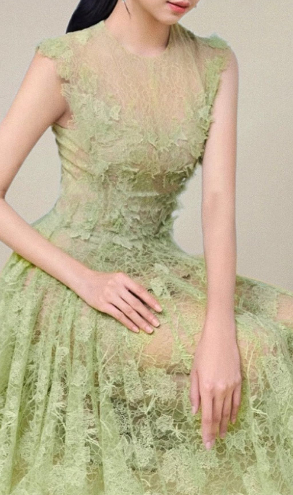 Hisaye Enchanting Lace & Mesh Pleated Midi Dress - Ethereal Green for Special Occasions
