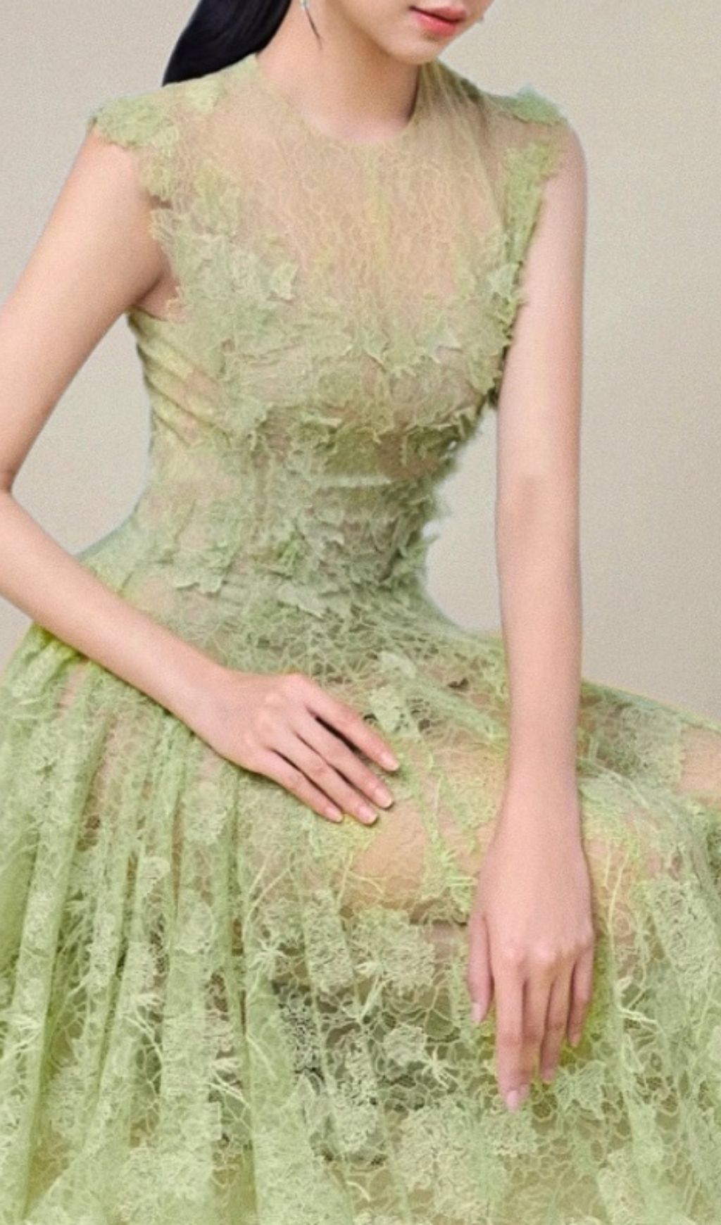 Hisaye Enchanting Lace & Mesh Pleated Midi Dress - Ethereal Green for Special Occasions