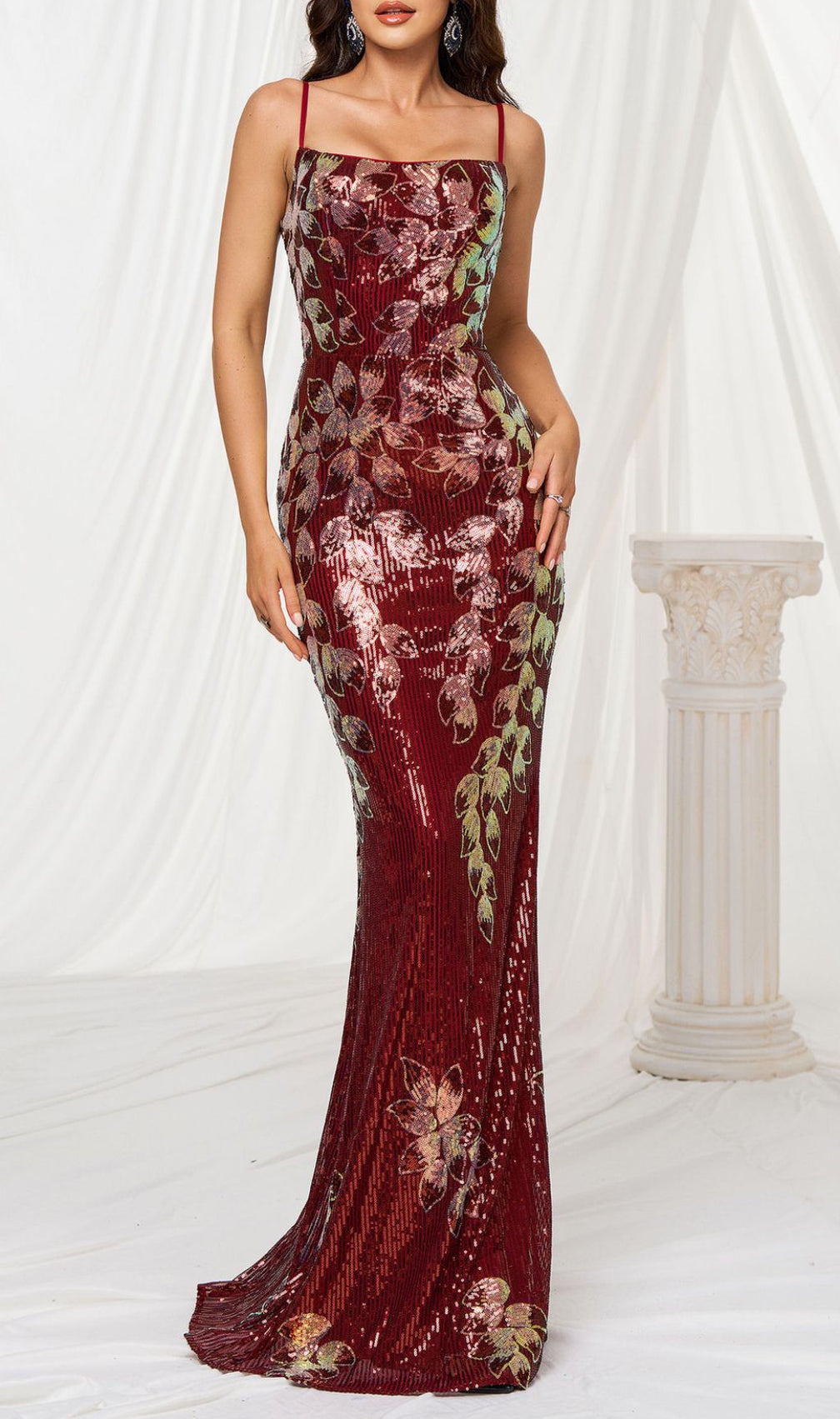 Fiora Wine Strappy Sequin Maxi Dress