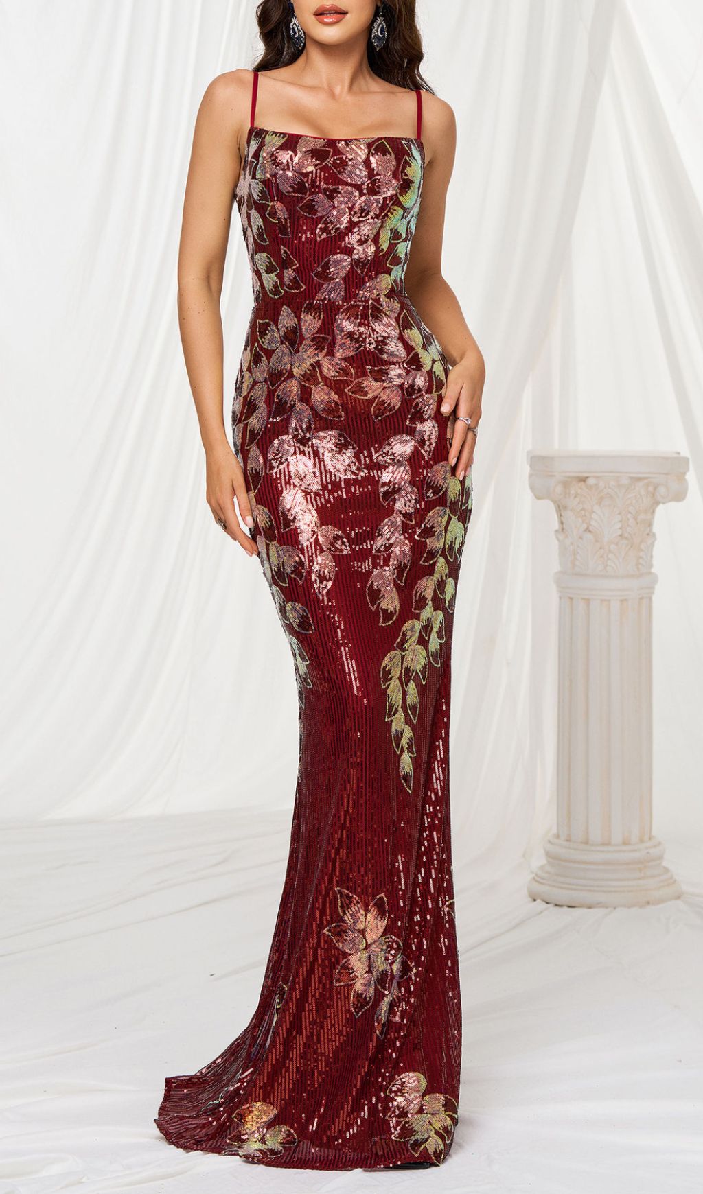 Fiora Wine Strappy Sequin Maxi Dress