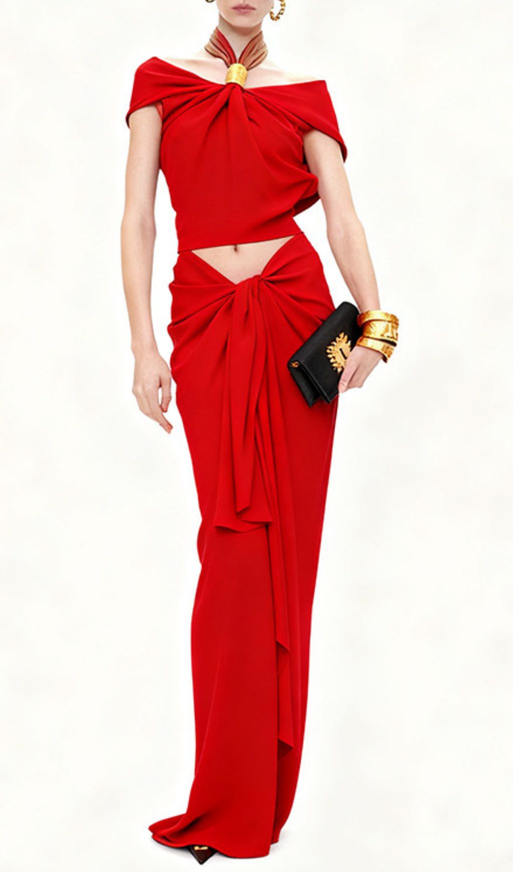 Isabel Luxe Draped Halter Two-Piece Set - Backless Crop Top & Maxi Skirt