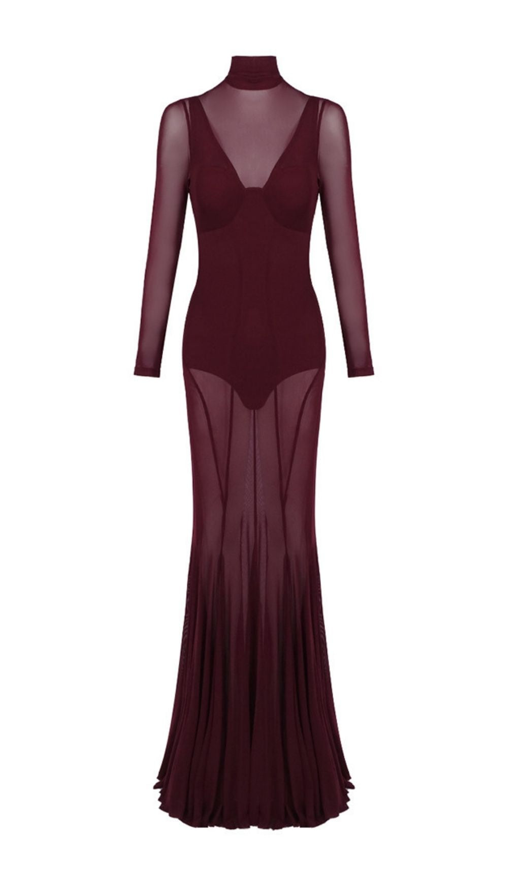 Kassie Allure Wine Sheer Mesh Long Sleeve Maxi Gown
