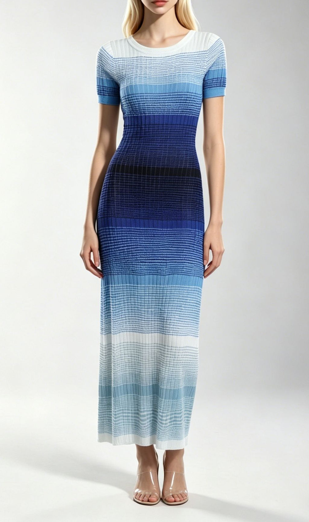 Kianna Blue Ombre Striped Short Sleeve Knit Maxi Dress