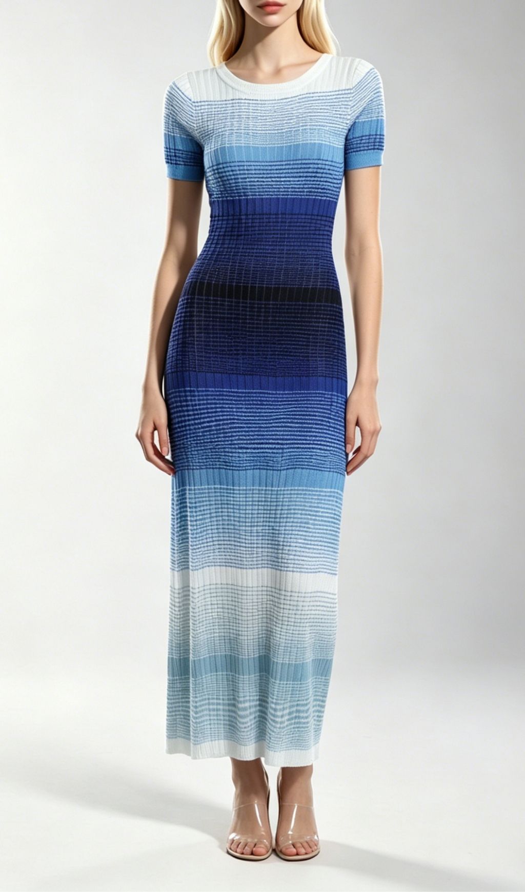Kianna Blue Ombre Striped Short Sleeve Knit Maxi Dress
