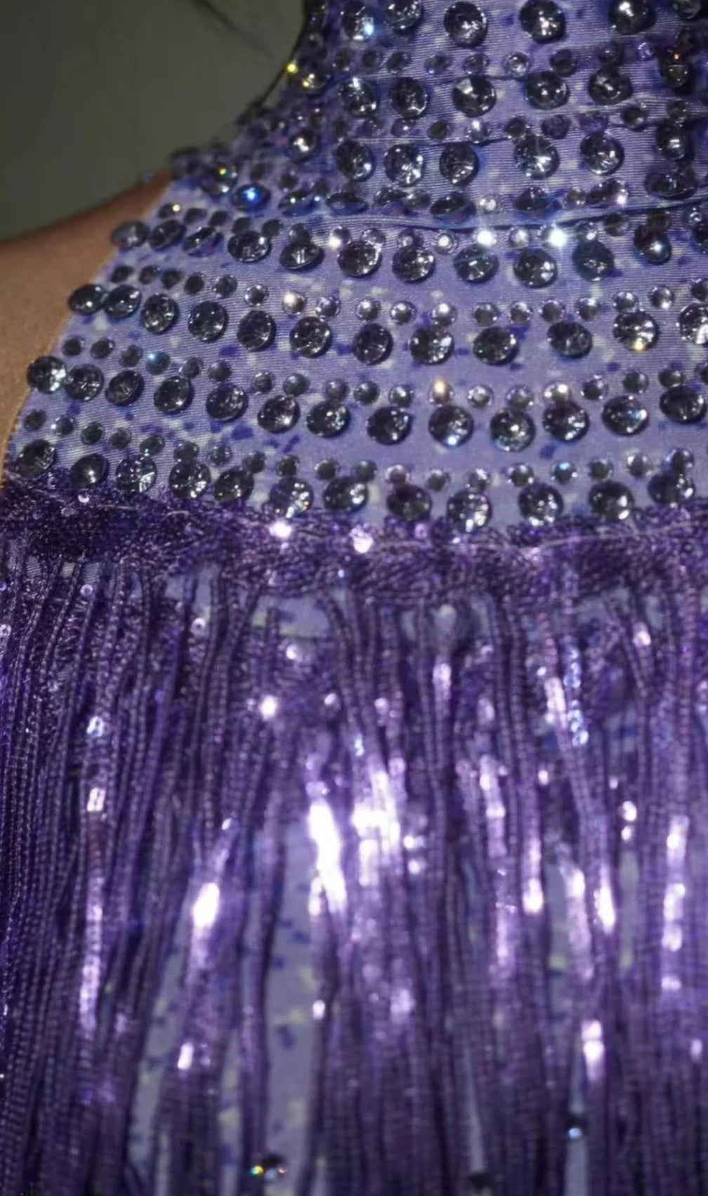 Lakendra Long Sleeve Crystal Fringe Bodysuit In Purple