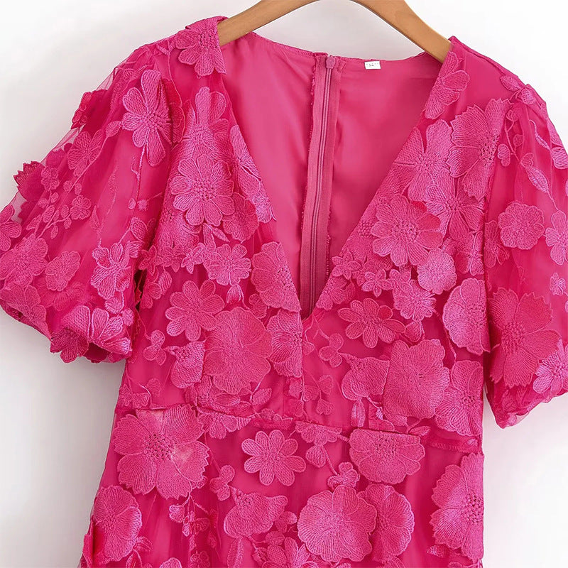 Enchanting Ilka Pink Floral Embroidered Midi Dress for Women