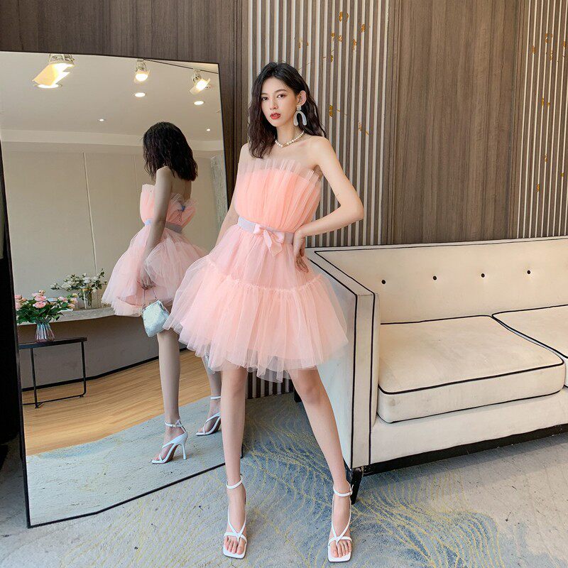 Dreamy Blush Pink Tulle Strapless Mini Dress | Bow Waist Party & Cocktail Dress