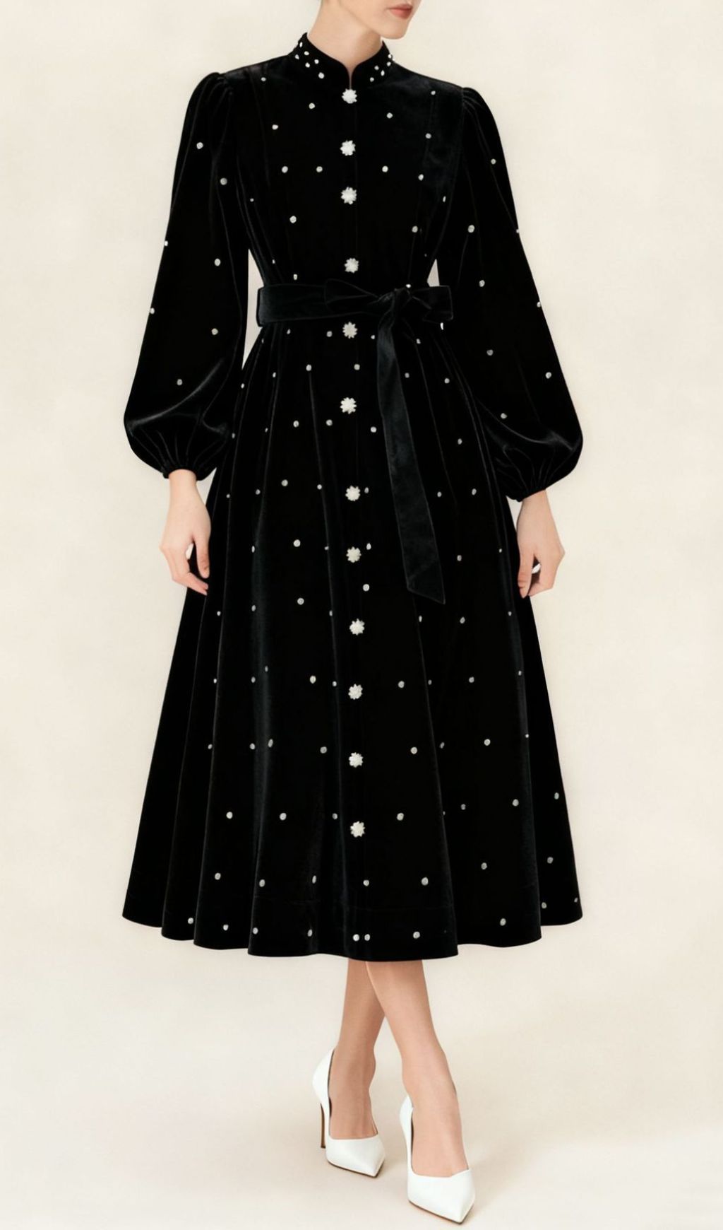 Iwalani Velvet Embellished Midi Dress - Long Sleeve Holiday Party Gown