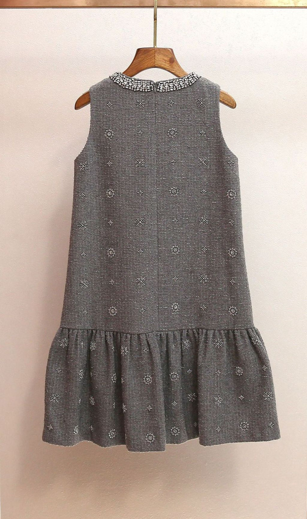 Hasana Sparkling Grey Tweed Sleeveless Mini Dress with Crystal Embellishments