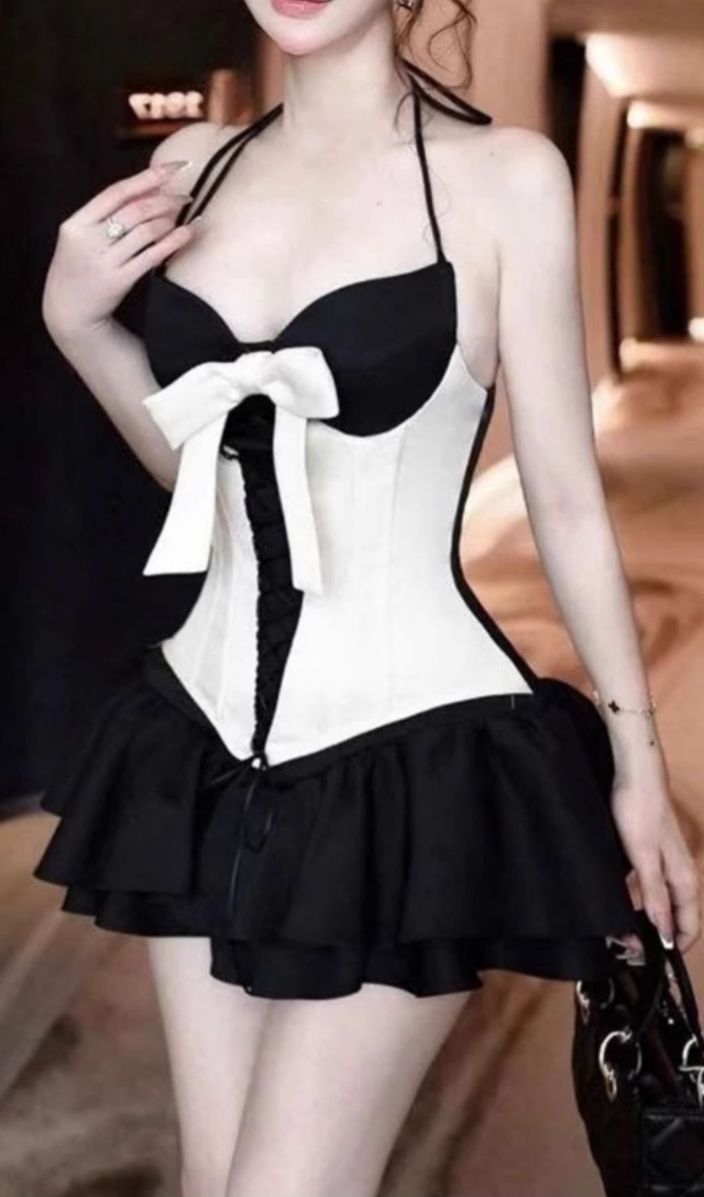 Fizza Halter Black White Patchwork Mini Dress