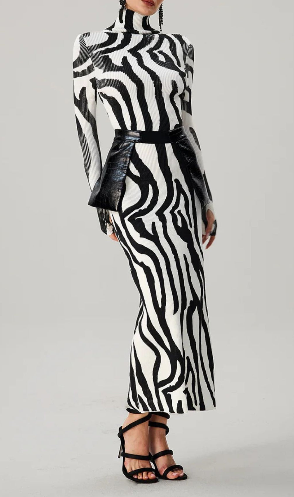 Farrux Zebra Print High-Neck Bodycon Maxi Dress - Fierce & Chic Knit