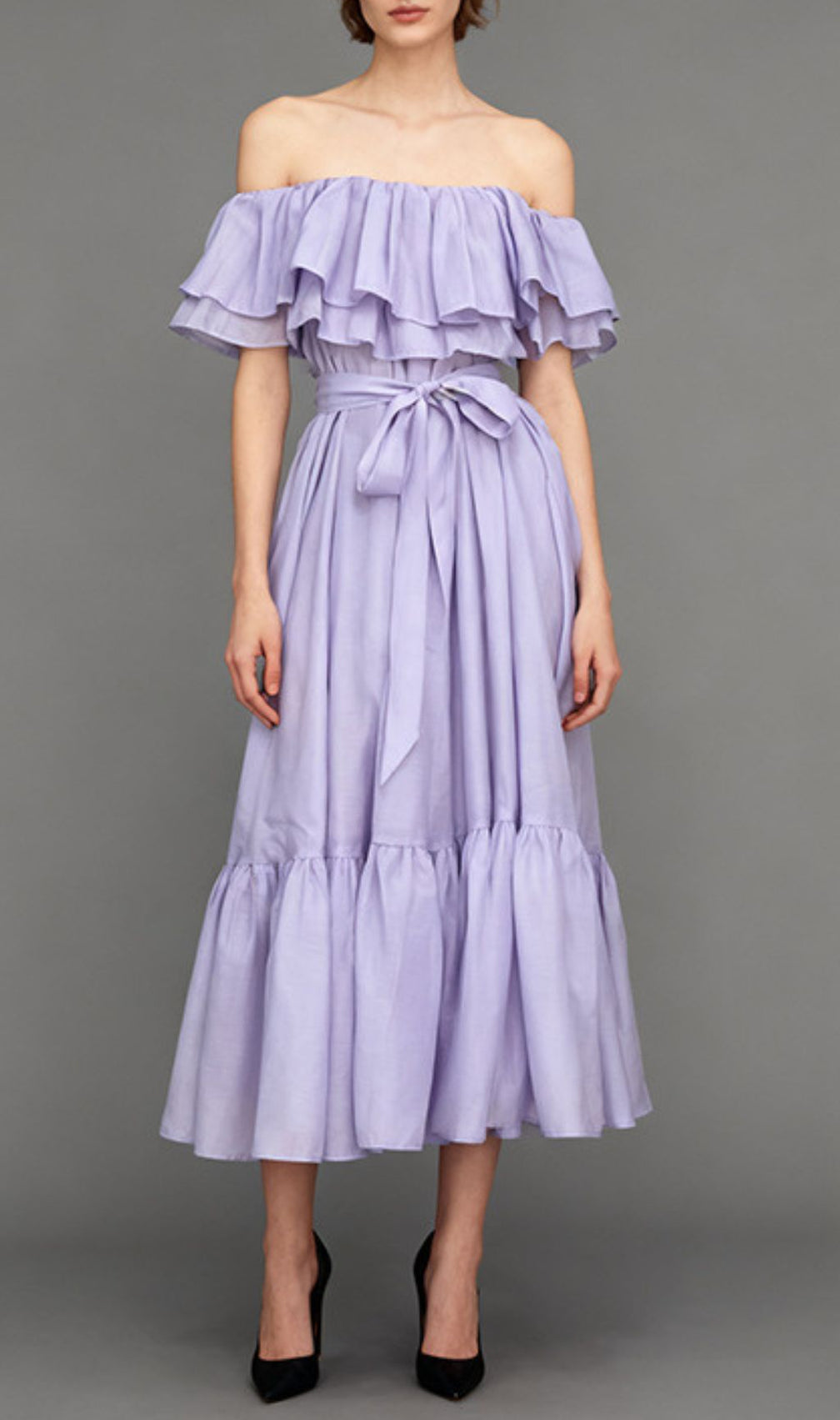 Imala Lavender Ruffled Off-Shoulder Midi Dress