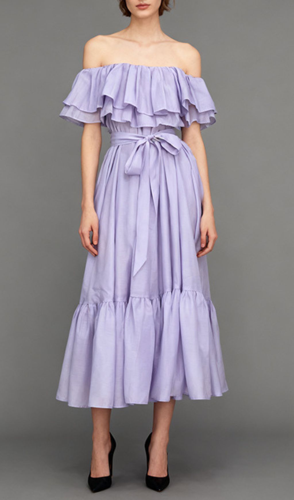 Imala Lavender Ruffled Off-Shoulder Midi Dress