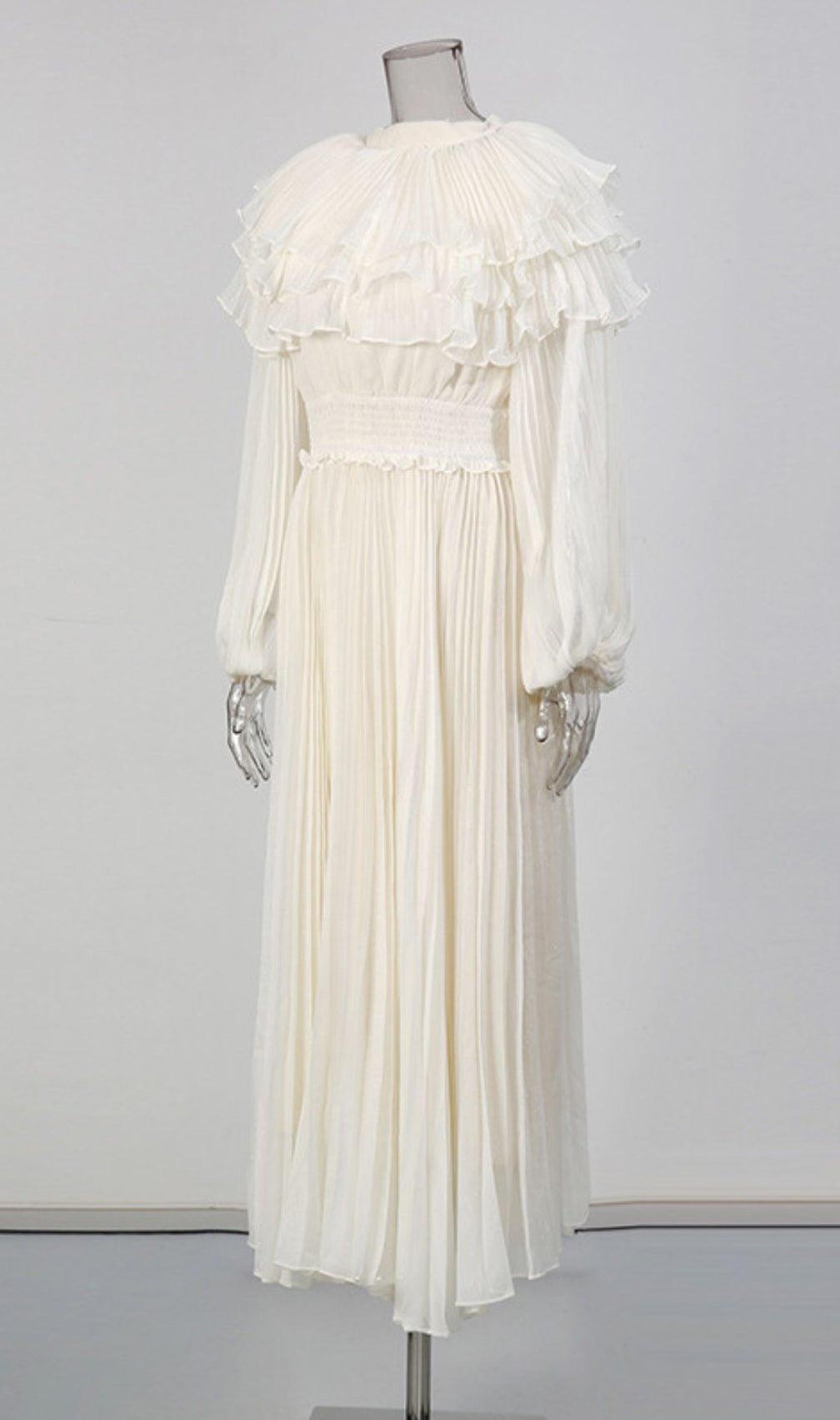 Julisa Ivory Ruffle Pleated Midi Dress - Elegant Long Sleeve for Women