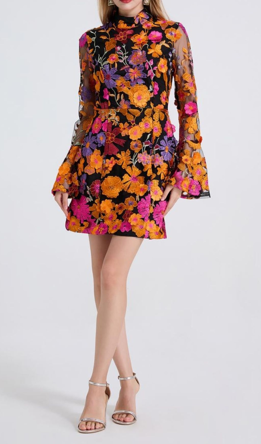 Donelle Vibrant Floral Embroidered Bell Sleeve Mini Dress