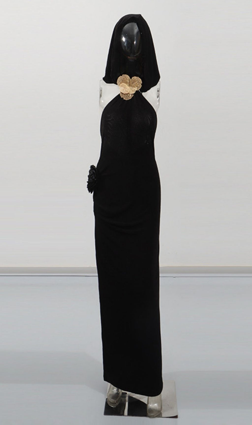 Jyn Black Halter Maxi Dress with Sculptural Floral Embellishment - Elegant Evening Gown