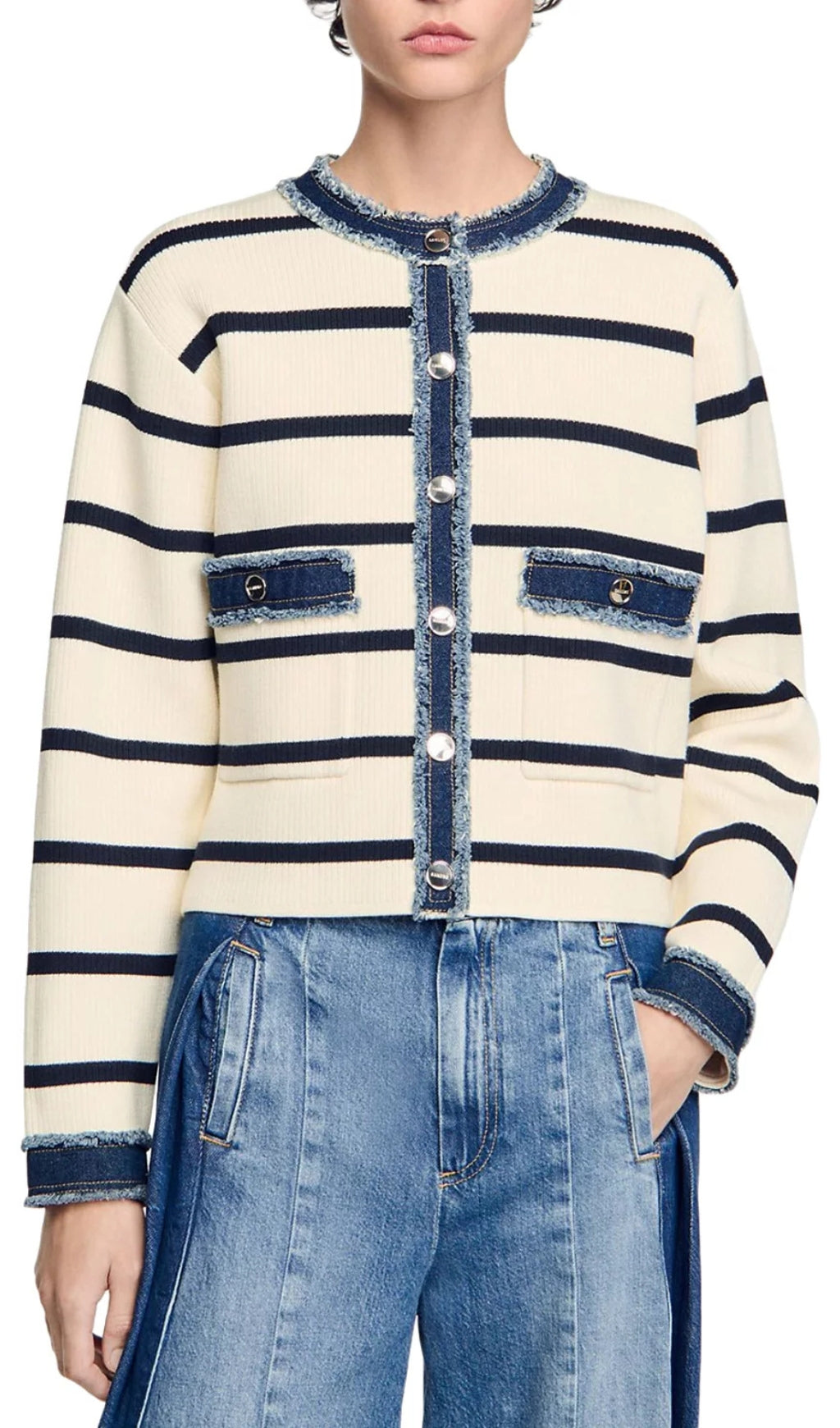 Striped Cardigan With Denim Detail