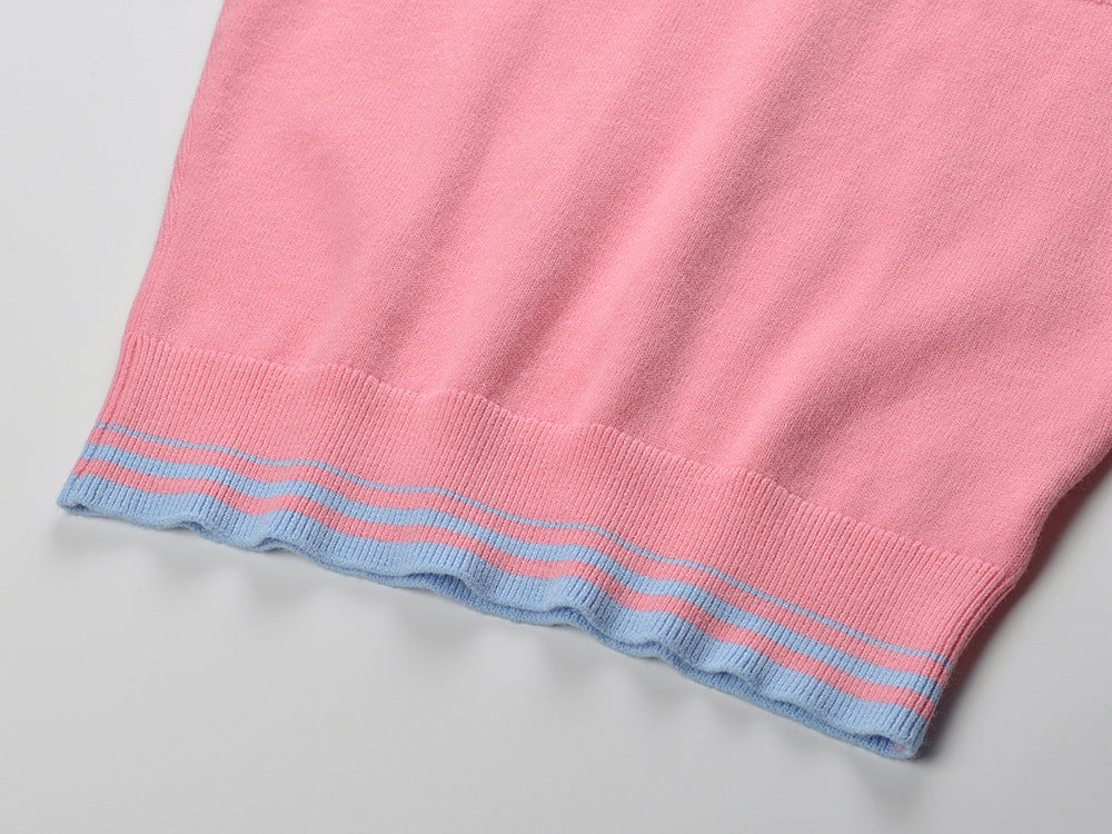 Chic Pink & Blue Stripe Mock Neck Ribbed Knit Top | Women's Short Sleeve