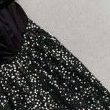 DRAPED VELVET SEQUIN MAXI DRESS IN BLACK