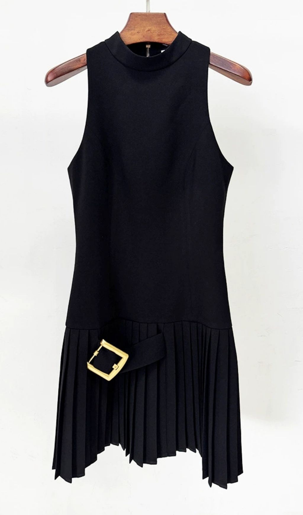 Kemi Black Mock Neck Pleated Mini Dress with Gold Buckle Detail