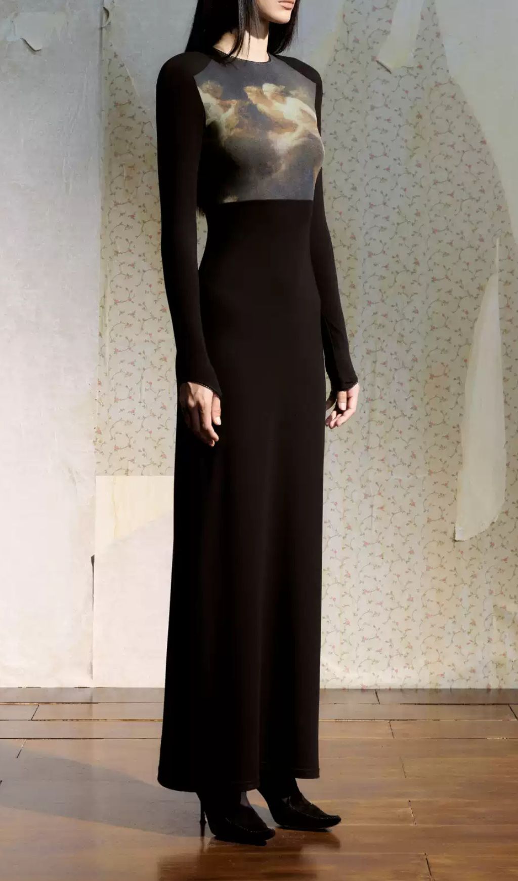 Juanita Ethereal Black Long Sleeve Maxi Dress - Art Print Bodice