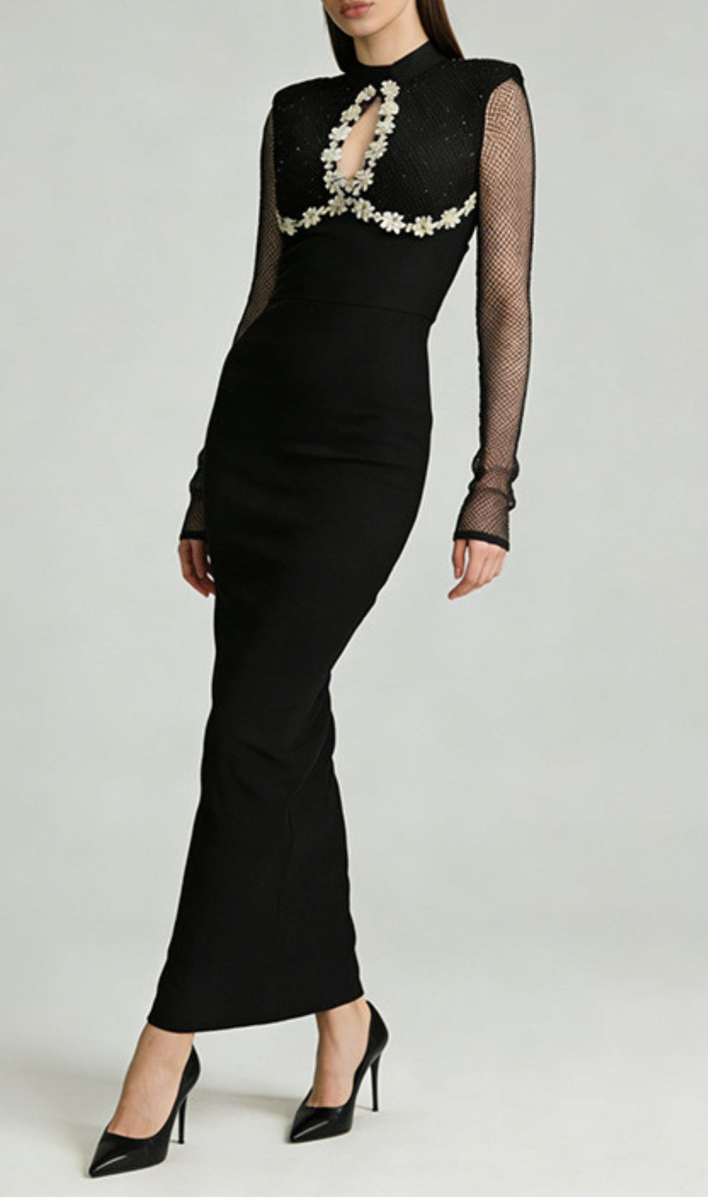 Jaliyah Black Embellished Mesh Sleeve Maxi Dress | Elegant Long Sleeve Gown